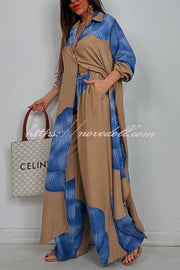 Unique Printed Casual Loose Long Shirt and Elastic Waist Pocket Wide Leg Pants Set