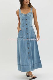 Solid Color Suspender Pocket Button Slim Denim Midi Dress