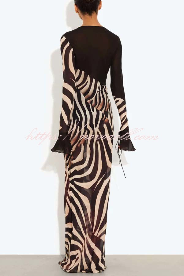 City Night Chiffon Colorblock Animal Print Tie-up Long Sleeve Maxi Dress