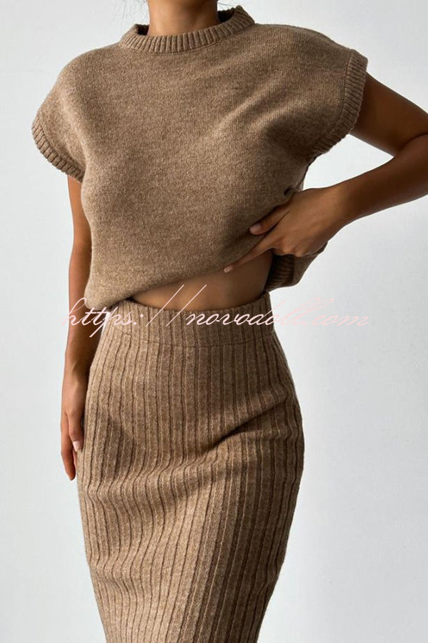 Triko Knit Short Sleeve Sweater and Stretch Ribbed Midi Skirt Set