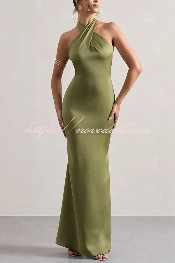 Solid Color Halter Neck Tie Sexy Backless Slim Maxi Dress