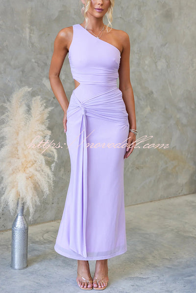 Solid Color Elegant Mesh One Shoulder Sexy Waist Hollow Out Maxi Dress