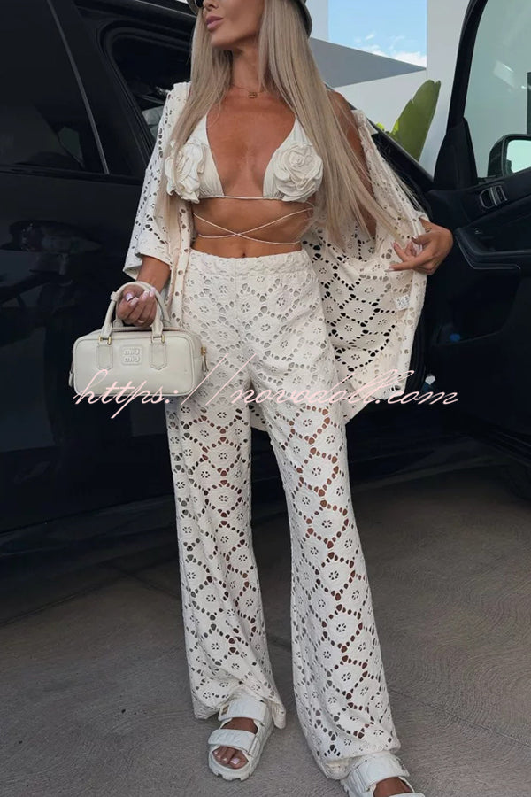 Holiday Crochet Flowers Lace Short Sleeve Shirt and Elastic Waist Wide Leg Pants Set