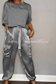 Calissa Smooth Satin Half-sleeved Top and Elastic Waist Pocket Pants Set