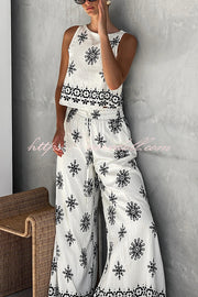 Unique Printed Round Neck Sleeveless Button Top and Elastic Waist Pocket Wide Leg Pants Set