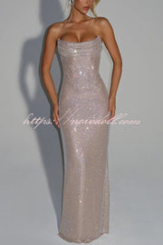 Mirabella Sequin Pleated Cowl Scooped Neckline Back Lace-up Strapless Maxi Dress