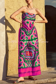 Ethnic Style Unique Print Tube Top and Elastic Waist Casual Pocket Wide Leg Pants Set