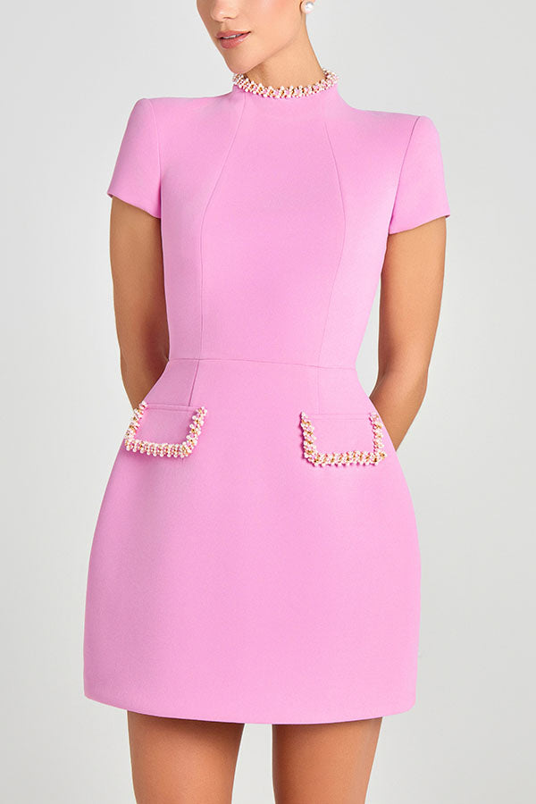 Sweet and Elegant Scent Pearl Trim Short Sleeve Pocketed Mini Dress