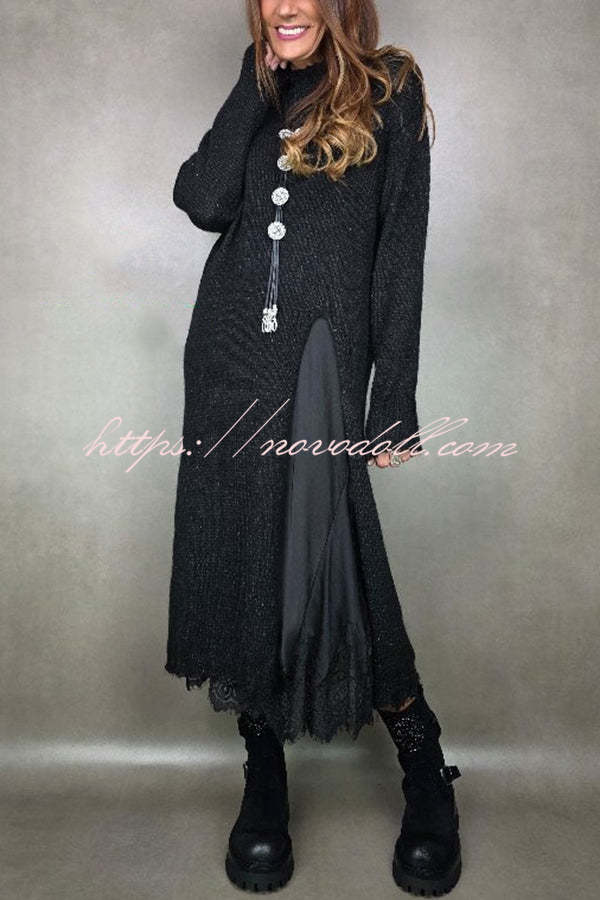 Solid Color Knitted Long-sleeved Casual Slit Midi Dress