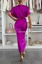 Satin Solid Color V-neck Cross Knot Slim Maxi Dress