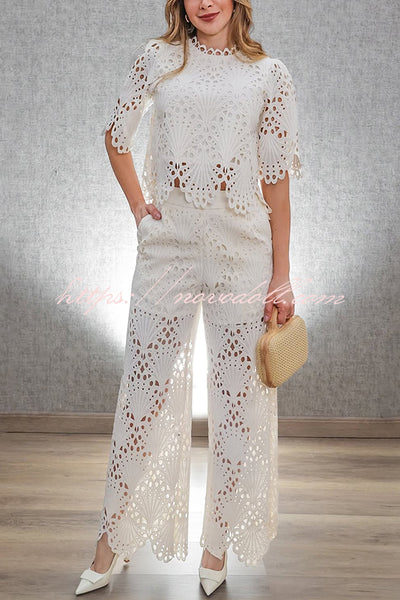 Eliose Scallop Cutout Embroidery Lace Elastic Waist Pocket Loose Pants