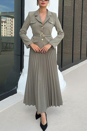 Solid Color Lapel Button Belt Blazer and Pleated Casual Maxi Skirt Set