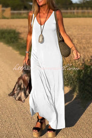 Solid Color V-neck Sleeveless Casual Loose Maxi Dress