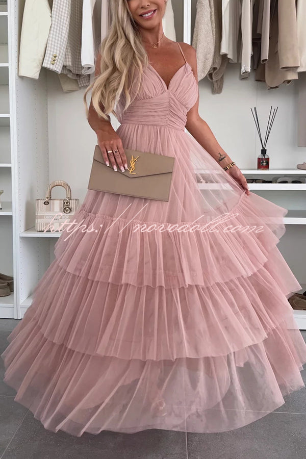 Romantic Movie Tulle Ruched Tiered Hem Slip Maxi Dress