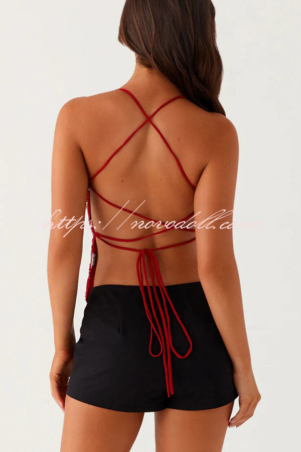 Dazzling Sequin Beaded Material Back Lace-up Loose Tank