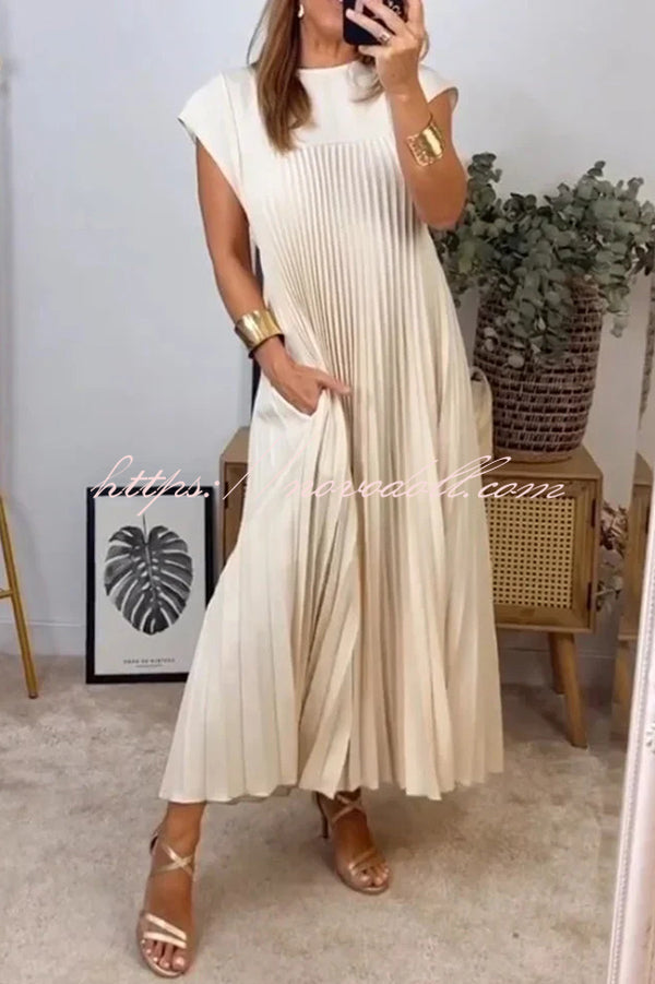 Solid Color Round Neck Sleeveless Pleated Large Hem Maxi Dress