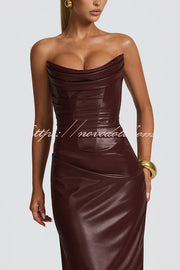 Alba Faux Leather Pleated Off Shoulder Neck Slit Stretch Maxi Dress