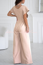 Solid Color V-neck Waist Casual Wide-leg Jumpsuit