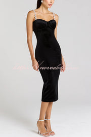 Harley Luxurious Velvet Fabric Jewel-embellished Shoulder Straps Midi Dress