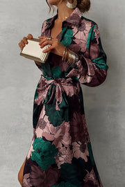 Floral Print Lapel Waisted Lace-up Long-sleeve Maxi Dress