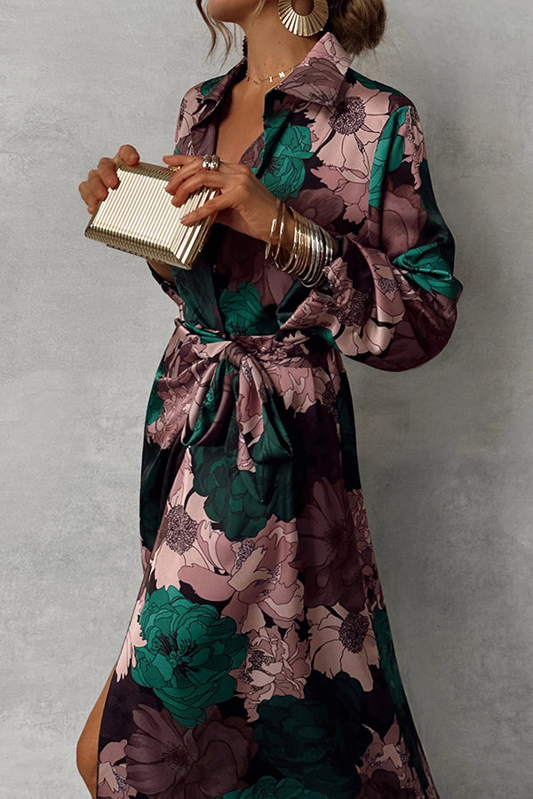 Floral Print Lapel Waisted Lace-up Long-sleeve Maxi Dress