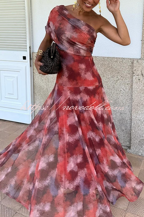 Unique Printed Off-the-shoulder Waisted Holiday Maxi Dress