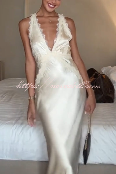 Modern Day Glam Satin Lace Trim V-neck Cross Back Maxi Dress