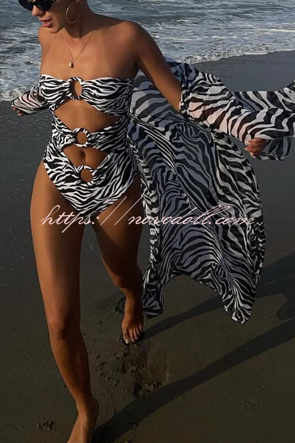 Marsie Zebra-print Ring Cutout Details Off Shoulder Stretch One-Piece Swimsuit