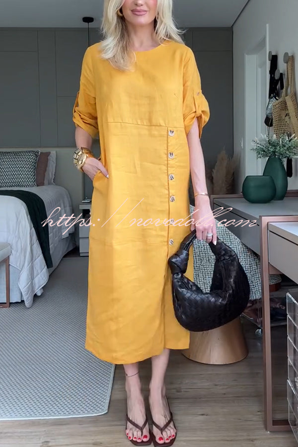 Ultra-comfortable Linen Blend Half Sleeve Front Button Detail Relaxed Pocket Midi Dress