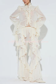 Fashionable Ruffled Elastic Waist Holiday Style Flared Pants