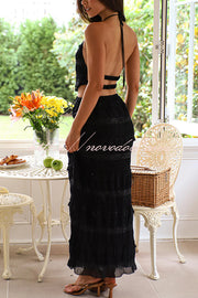 Feel Chic and Romantic Sequin Textured Material Drawstring Waist Tiered Maxi Skirt