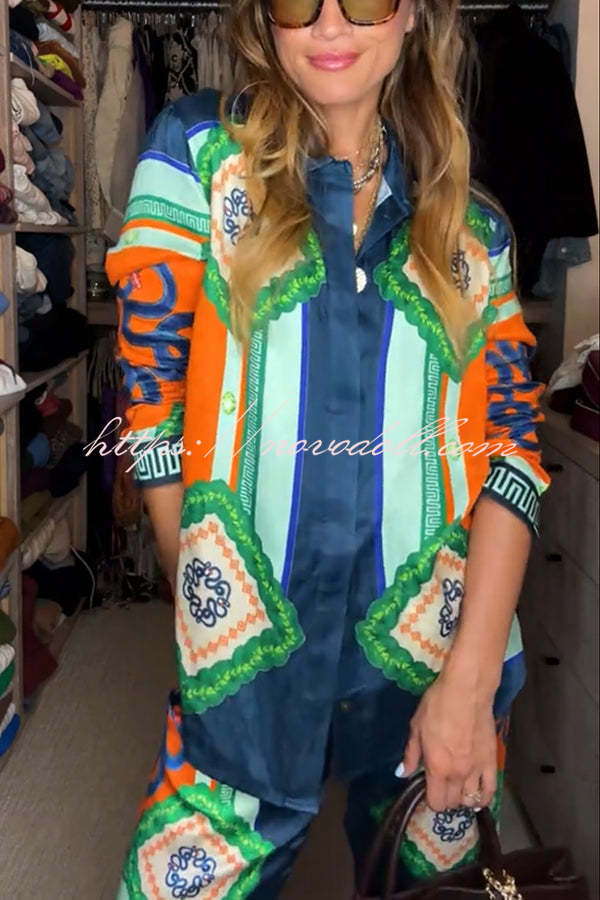 Vacation Times Satin Unique Print Button Down Oversized Blouse