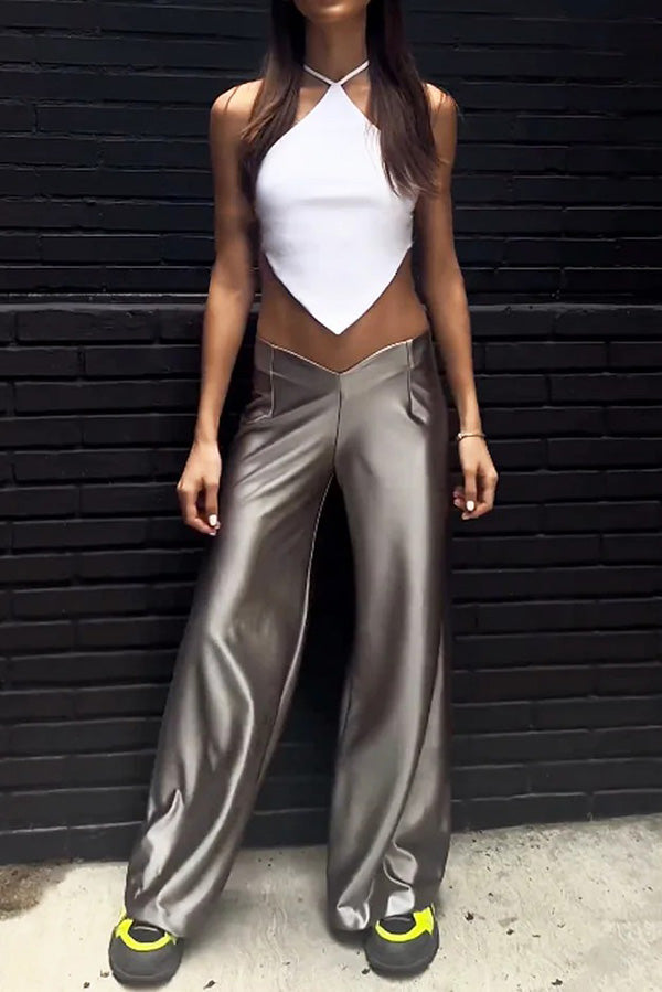 Sexy Halterneck Backless Lace-up and Metallic Wide-leg Pants Set