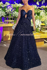 Sparkling Sky Sequin Satin Bow Detail Off Shoulder Prom Maxi Dress