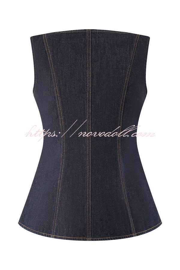 Stassi Denim Square Neck Unique Button Up Princess Seams Vest Top