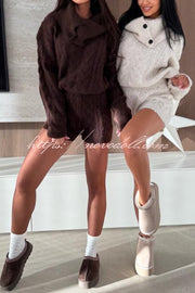 Diviano Cabble Knit Button Scarf Long Sleeve Sweater and Stretch Mini Shorts Set（3 Pieces）