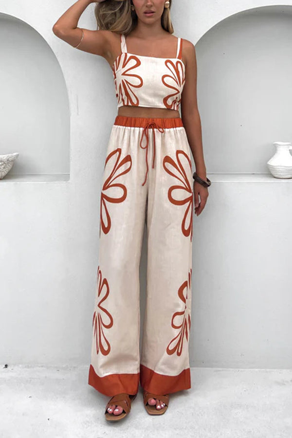 Floral Print Suspender Back Pleated Top and Elastic Waist Drawstring Pants Set