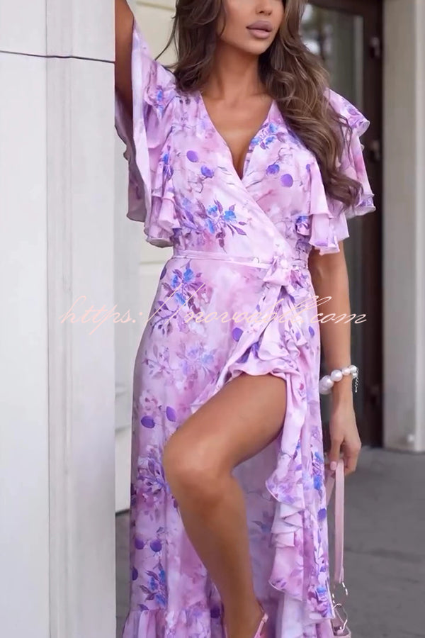 Unique Printed V-neck Ruffled Loose Midi Dress