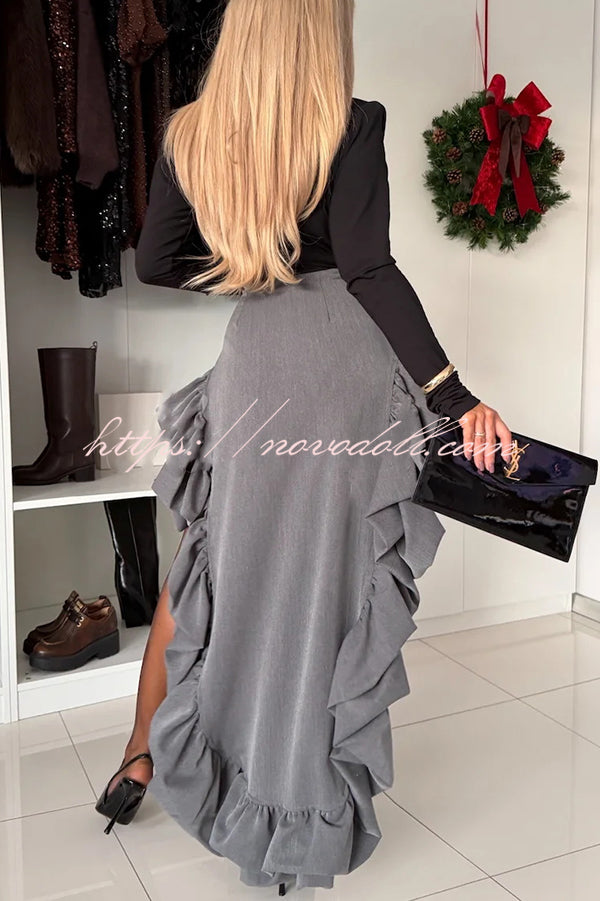 Toast To Midnight Solid Color High Rise Irregular Ruffled High Low Maxi Skirt
