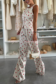 Koreen Polka Dot Round Neck Button Vest and High Rise Pocket Straight Pants Set