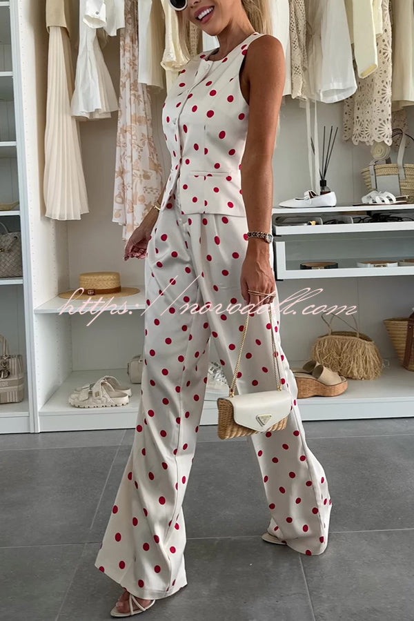 Koreen Polka Dot Round Neck Button Vest and High Rise Pocket Straight Pants Set