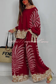 Unique Print Loose Drawstring Long Sleeve Top and Elastic Waist Casual Pocket Wide Leg Pants Set