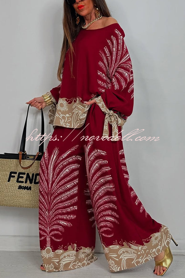 Unique Print Loose Drawstring Long Sleeve Top and Elastic Waist Casual Pocket Wide Leg Pants Set