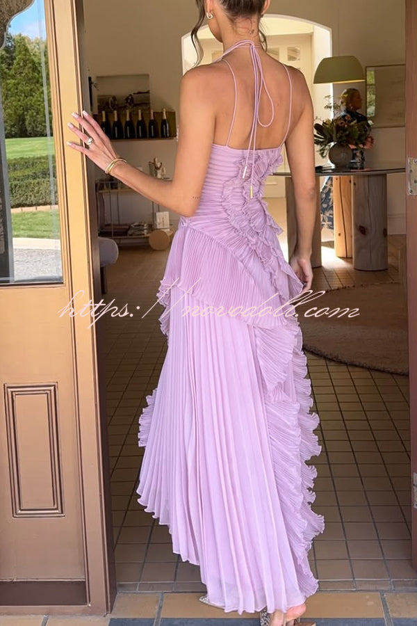 Dream Ode Lily Pad Style Pleats and Ruffles Halter Gown Maxi Dress