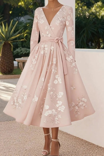 Floral Print V-neck Long Sleeve Tie Waist Elegant Midi Dress