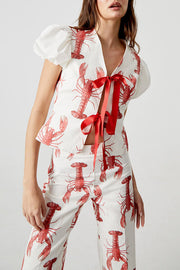 Fun Vacation Lobster Print Front Tie-up Puff Sleeve Loose Shirt