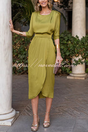 Satin Solid Color Round Neck Half Sleeve Waist Midi Dress