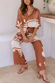 The Beach Girls Unique Color Block Print Button Up Shirt and Elastic Waist Pants Set