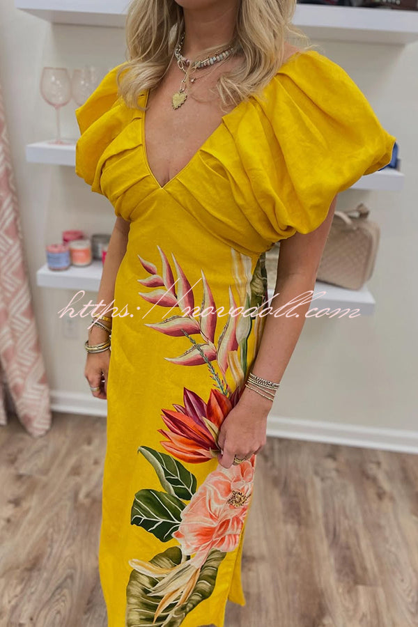 Plant Print V-neck Open Back Holiday Style Slit Midi Dress