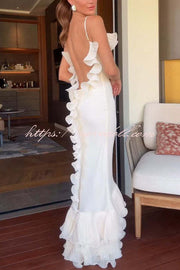 Alisin Pleated Chiffon Wavy Ruffles Trim Slip Maxi Dress